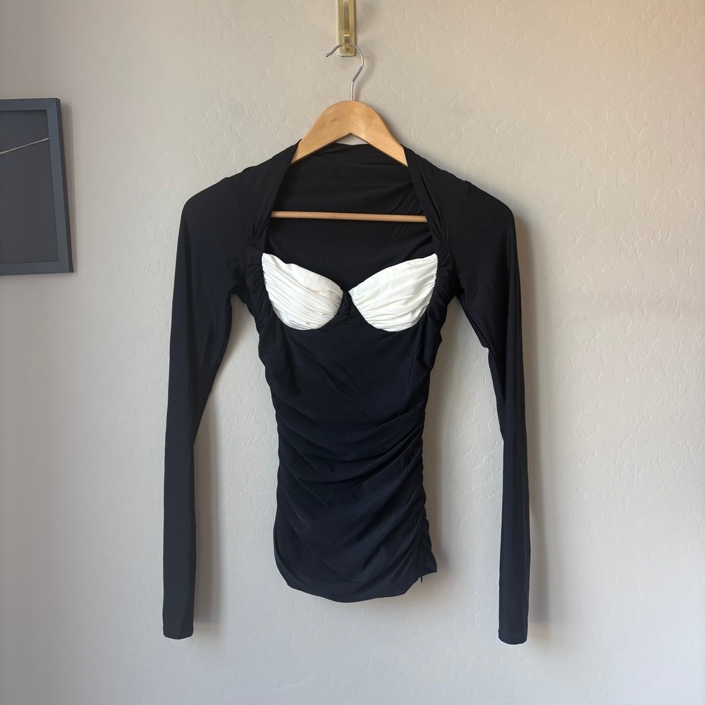 Lirika Matoshi Desa Top Ruched Long Sleeve Top Black White Pleated Bust Small - Picture 2 of 7